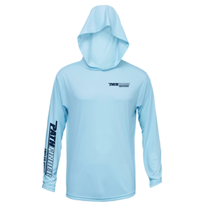 Front of a light blue hooded long sleeve with navy pathfinder logos on the left chest and right sleeve.