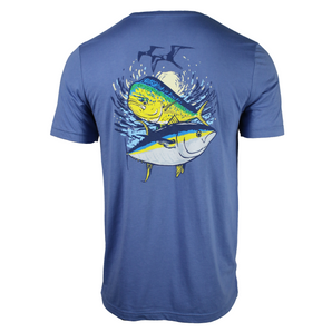 Back of a blue t-shirt with an illustration of two yellow and blue fish underwater with birds flying over. 