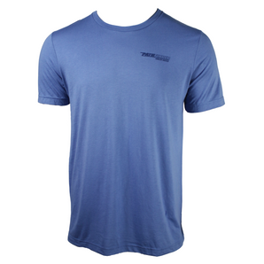 Front of a blue t-shirt with a dark blue pathfinder logo on the left chest. 