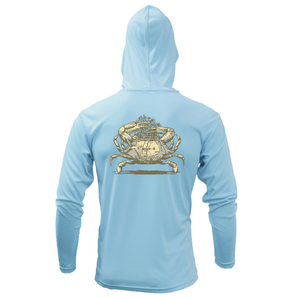 Back of a light blue hooded long sleeve with a graphic of a tan crab. 