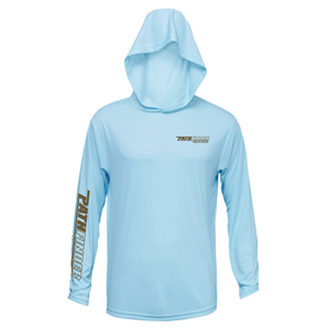 Front of a light blue hooded long sleeve with brown pathfinder logos on the left chest and right sleeve. 