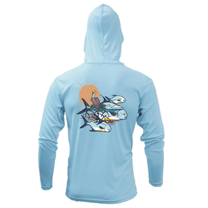 Back of a light blue hooded long sleeve with a graphic of three fish swimming under a sun, with a pelican in the mid-ground. 