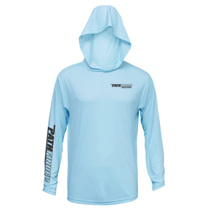 Front of a light blue hooded long sleeve with grey pathfinder logos on the left chest and right sleeve. 