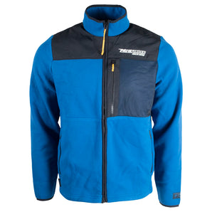 Blue and black zip-up fleece jacket with a white pathfinder logo on the left chest. 