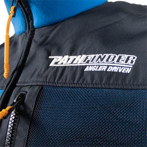 Close-up of the white pathfinder logo on a black and blue jacket.
