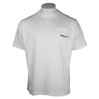 White short-sleeved T-shirt with a small pocket and navy blue pathfinder logo.
