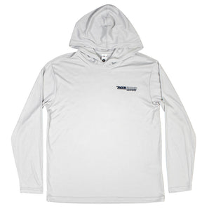 Light gray long-sleeve hooded shirt with a small pathfinder logo on the chest
