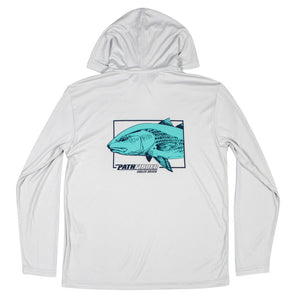 Back view of a light grey long-sleeve shirt featuring a blue fish design and the pathfinder logo. 