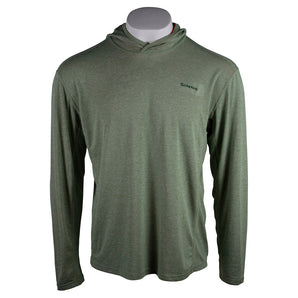 A green hooded long-sleeve with a small simms logo on the left chest. 