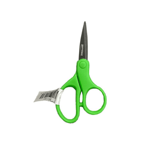 A pair of green scissors with a metal blade and a tag attached to the handle. 
