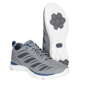 A pair of gray athletic shoes with white soles and blue accents on the top. 